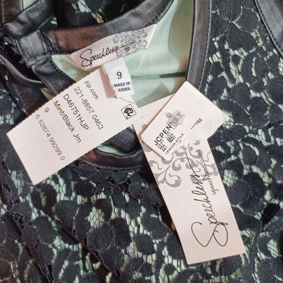 NWT Speechless Mint Lined Lace Skater Dress Sz 9 Leather Trim Floral Overlay 35” - Picture 7 of 9